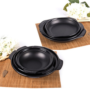 A5 Melamine Imitation Porcelain <b>Plate</b> <b>Black</b> Frosted Edge Double Handled Round Durable Food Serving Dish Party Use - Product Image 1