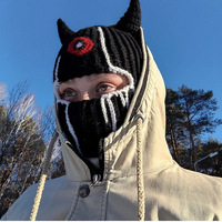 FF708 Masque intégral tricoté avec cornes amusantes, pour Halloween, fête, cosplay, chapeau, masque de ski chaud d'hiver, cyclisme, homme femme, cagoule tricotée