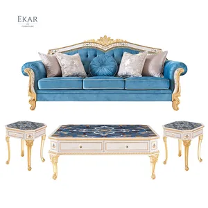 顶级奢华法国皇家客厅家具红木实木雕刻仿古沙发金箔软垫蓝色沙发套装