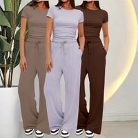 Ensemble 2 pièces décontracté tendance printemps-automne pour femme : T-shirt uni à manches courtes col rond et pantalon