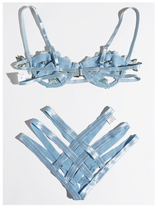 ชุดชั้นในลูกไม้เซ็กซี่แบบเปิดลายฉลุสีฟ้าอ่อนปักลายดอกไม้แบบสองชิ้นขายส่งแบบใหม่ - Product Image 2