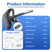 Earpiece nirkabel dengan casing pengisi daya 750 mAh, Headset telinga tunggal mikrofon penghilang kebisingan untuk mengemudi kantor bisnis ponsel PC