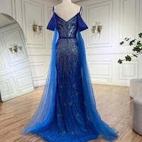 Robes de soirée sirène de luxe à bretelles spaghetti, ornées de perles, bleues/vertes/jaunes, avec manches cape, pour occasions formelles et soirées saoudiennes, collection 2025