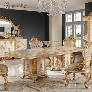 Nouvel ensemble de table à manger classique de luxe, meubles sculptés dorés, Turquie, ensembles de salle à manger haut de gamme avec texture marbre et <span class=keywords><strong>miroir</strong></span> buffet - Product Image 2
