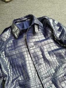 Men's Blue 100% Crocodile <b>Leather</b> <b>Long</b> <b>Jacket</b> With Turn-down Collar Formal Winter Coat proof Thick Single Breasted - Product Image 4