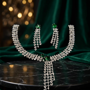 Brass Emerald Green CZ Necklace Set Luxury <b>Silver</b> Plated Cubic Zirconia <b>Choker</b> Drop Earrings For Women Bridal Jewelry - Product Image 1