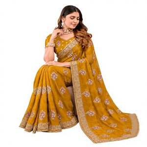 Vexotrend India Pakistan Premium <b>Velvet</b> Satin Traditional Customization <b>Saree</b> Women Embroidery Swarovski Jarkan Wrinkle-Free - Product Image 1