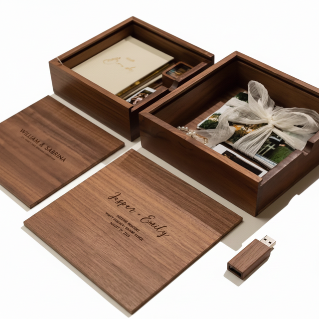 Handmade Wooden Photo Memory Box with USB Flash Drive Custom Engraved Logo Christmas Wedding Walnut Wood Keepsake Gift Box