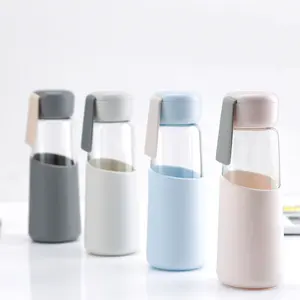 Glas Water Fles Met Siliconen Mouw 400Ml Licht Gewicht Met Handvat Herbruikbare Glas Helder Water Fles Cup Set