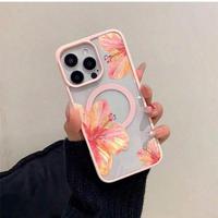 Coque de téléphone magnétique à fleurs roses pour iPhone 16 17 Air 18 Pro Max, coque arrière classique antichoc transparente mixte