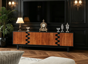 Modern Wave Cutout Wood TV <b>Stand</b>, 4-<b>Door</b> Media Console with Contrasting Finish for Living Room - Product Image 2