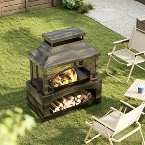 <span class=keywords><strong>Cheminée</strong></span> à bois autonome existante avec rangement pour bois, écran anti-étincelles métallique réglable et sécurisé pour le chauffage de cour et de jardin - Product Image 3