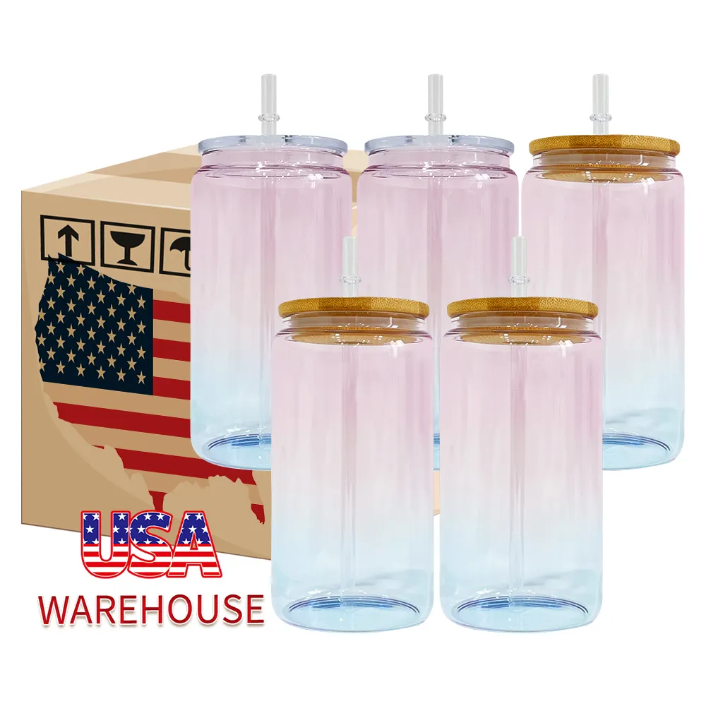 USA Warehouse dapat berbentuk kacamata minum 16 oz sublimasi kosong Ombre Jelly kristal bening laut biru dapat berbentuk kaca