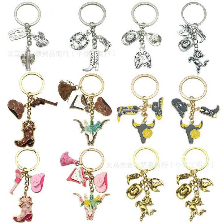 Western Cowboy Boots Hat Horse Charm Keyring Keychain Silver Tone 3D