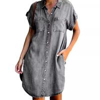 S-5XL nouvelle mode femmes Denim chemise robes revers bouton à manches courtes couleur unie Europe Style décontracté Midi longueur robe