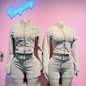 2026 Neue Damen 2-Teilige Sets Denim-Shorts-Set mit Langarm-Oberteil und Stretch-Shorts mit Gürtel - Product Image 2