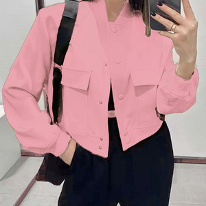 Nouvelle veste manteau femme printemps-automne style européen et américain, unie, courte, fine, col montant, grandes poches, style neutre - Product Image 4