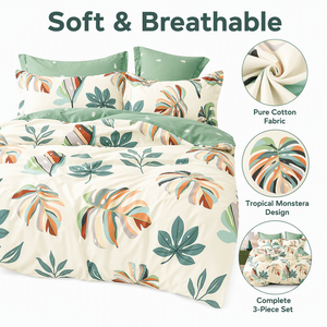 Juego de Ropa de Cama de Algodón con Estampado de Hojas Tropicales Monstera, Color Crema y Verde, para Venta al por Mayor y Dropshipping en la UE, 3 Piezas - Product Image 3