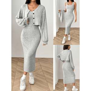 Ribbed <b>Knit</b> Dress <b>Set</b> With Cropped Cardigan Khaki Asian S(44) Women's Sweater Outfit - Product Image 5