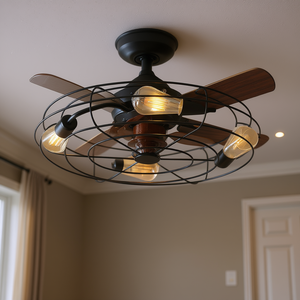 Ventilatore da Soffitto Industriale Moderno con Luci LED, Pale in Legno da 32-48 Pollici, Montaggio a Filo, Corpo in Acciaio Nero, Luce Calda Dimmerabile - Product Image 2