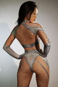 Mangas largas brillantes con guantes Leotardo Stripper Trajes Ropa de baile exótica Spandex Mamelucos Body de una pieza Mujeres Club Monos - Product Image 6