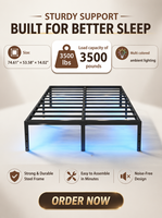 Lit double en fer personnalisable de grande taille avec plaque en acier épaissie, espace de rangement et alimentation électrique, ambiance lumineuse en bas.