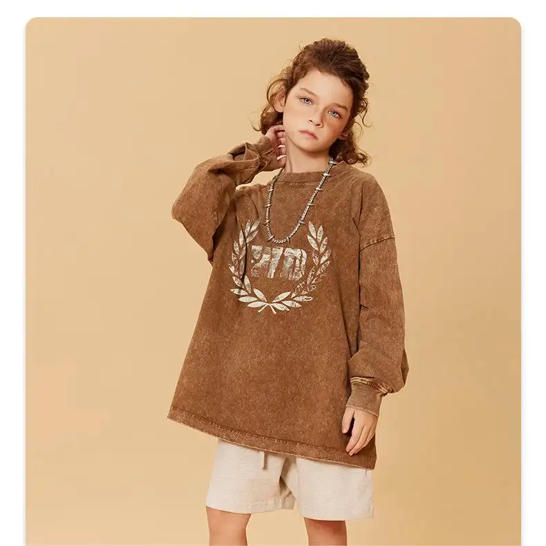 24SA T-shirt a maniche lunghe per bambini con stampa vecchia e lavata, marchio retrò alla moda, Top per bambini 6-12T