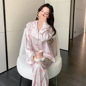 Conjunto de Pijama con Encaje y Estampado para Mujer, Suave, Transpirable, de Manga Larga, Informal, Ligero para el Hogar - Product Image 3
