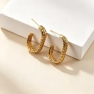 Pendientes de Aro de Acero Inoxidable Chapados en Oro de 18K, Diseño de Hoja de Trigo en Forma de C, Trenzados, Circulares, Vintage, Texturizados, Regalo - Product Image 3