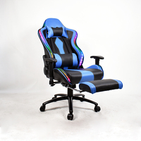 Chaise de jeu LED RGB avec repose-pieds en cuir PVC bleu, chaise de bureau ergonomique pour adultes