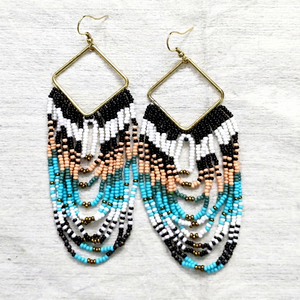 Pendientes Colgantes Shan India Boho con Cuentas de Semillas y Flecos, Chapados en Oro, con Patrón Geométrico Azul Oliva, para Mujer, Fiestas, Bodas, Ropa de Playa - Product Image 2