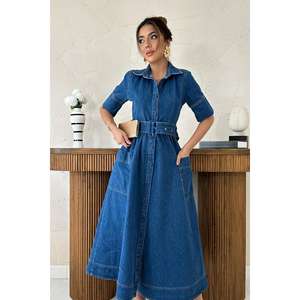 Vestido Azul Vaquero, Corte en A, Cuello Camisero, Bolsillos Laterales, Lavable, Estilo Simple para Mujer - Product Image 2