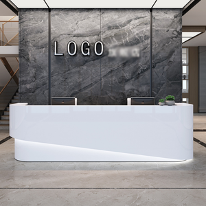Luz LED curvada de madera de estilo moderno blanca con logotipo personalizado, mostrador de recepción de pie, escritorios de recepción de esquina - Product Image 2