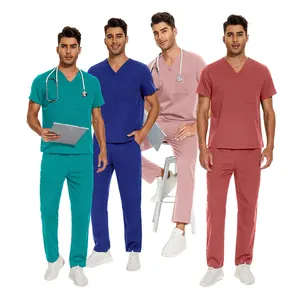 Precio de fábrica 2023 Color caribeño antiarrugas verde azulado mujeres enfermería médico Scrub Set Hospital uniforme manga corta servicio OEM