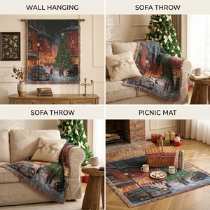 <span class=keywords><strong>Tapisserie</strong></span> tissée scène nocturne de la ville de Noël avec franges, art mural de rue hivernale enneigée, décoration murale, motif personnalisé OEM/ODM - Product Image 4