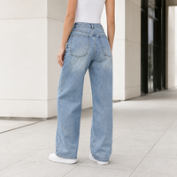 Jean Boyfriend Femme Taille Haute Délavé Effet Usé Jambe Large Ourlet Courbé Respirant Ample Longueur Intégrale Style Y2K