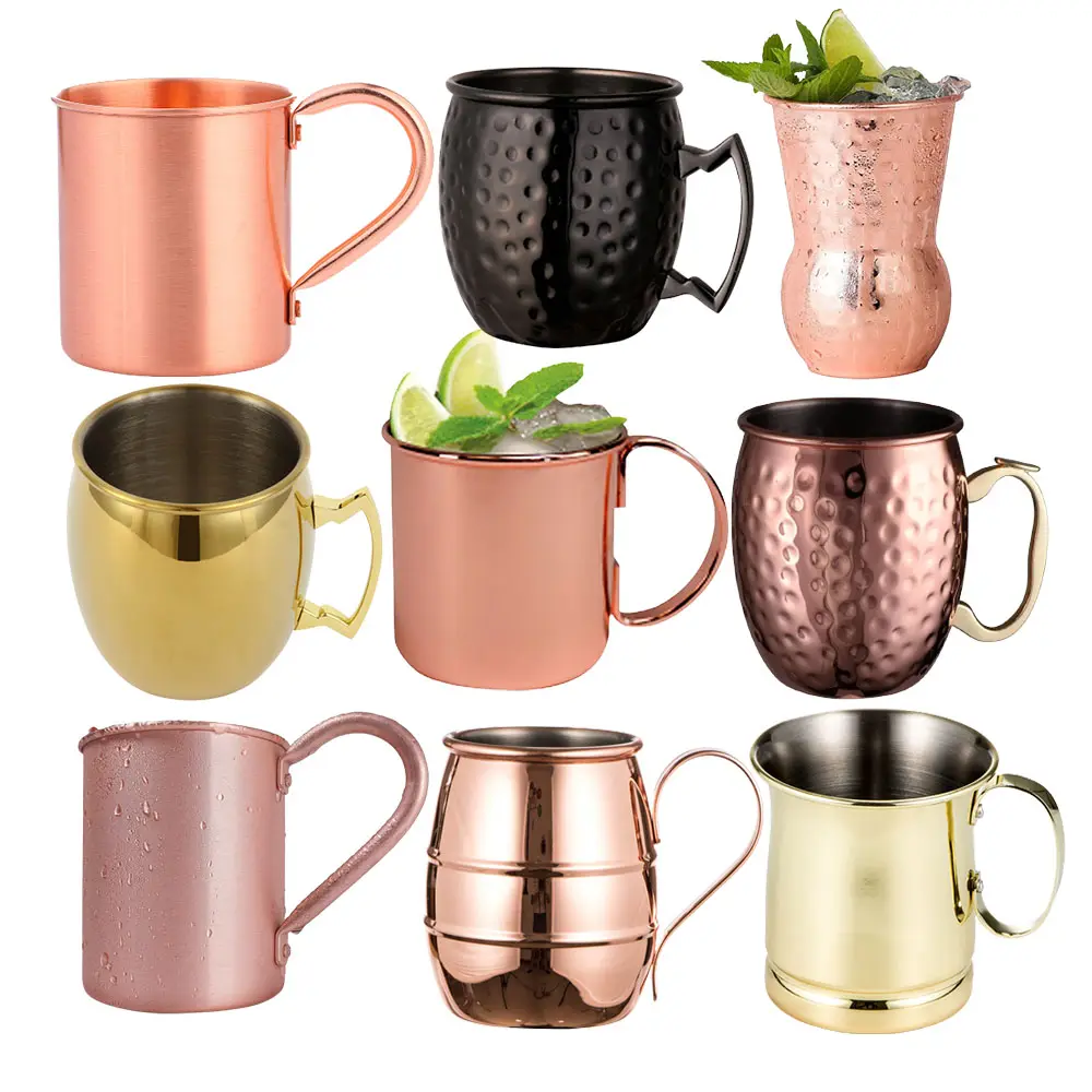 Großhandel Edelstahl Moskau Becher mit Gold griff Schwarz Roségold 12oz 16oz Bier Cocktail Wodka Hammered Mule Kupfer becher