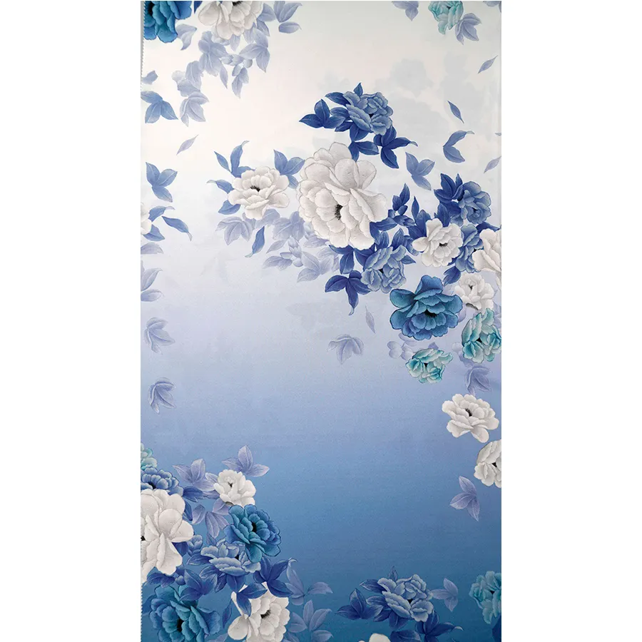 Tissu Imitation soie 95.6% Polyester 4.4% Spandex Satin, impression numérique fleur bleue et blanche pour Cheongsam