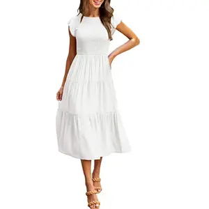 Women Long Dress Sleeveless Smocked Elastic Waist Tiered Midi Dress Female Summer Crew Neck Sun Dresses White Beach Vestido