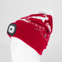 Bonnet de Noël LED en tricot avec pompon, motif renne, rouge et blanc, chaud pour l'hiver, rechargeable par USB, trois modes de luminosité, pour la marche en extérieur
