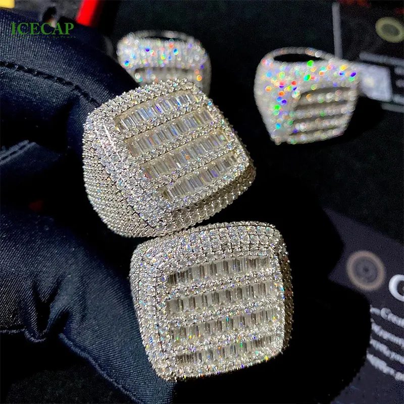 Iced Out Hip Hop Jewelry Baguette cut VVS Moissanite Ring 925 Plata oro blanco plateado hombres mujeres anillo