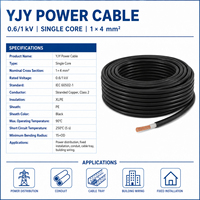 Cable de Circuito Crítico Huaqi YJY 1x4mm² 250 ° Cable Eléctrico de Alimentación con Aislamiento XLPE, Clasificado para Cortocircuitos, 500 Pies