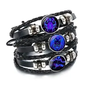 12 signes du zodiaque Animal charme Bracelet lumineux bijoux brillent dans le noir noir tressé cuir corde Bracelet pour hommes femmes