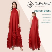 Robe longue élégante rouge sans manches à col montant pour femme, avec volants superposés et nœud au dos, idéale pour les occasions formelles, les mariages ou les soirées – Vente en gros