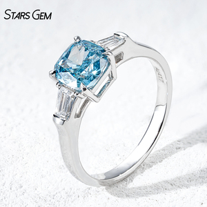 <b>Cushion</b> Cut Blue diamond 1.6ct Three-Stone <b>Ring</b> with Tapered Baguette Cut Diamonds for Women 10K white Gold <b>Ring</b> - Product Image 1