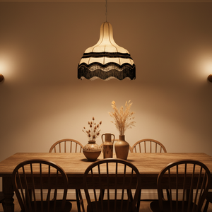 Lampada a Sospensione con <span class=keywords><strong>Paralume</strong></span> in Tessuto e Nappe, Lampada Pendente con Frange Colore <span class=keywords><strong>Beige</strong></span>, Luci Decorative per Matrimoni con Frange Nere - Product Image 2