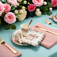 Ensemble de vaisselle moderne pour fête de naissance à thème floral rose doré, assiettes, serviettes, gobelets, couteaux et fourchettes en papier écologiques