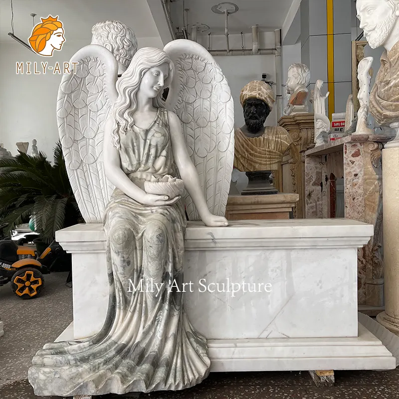 Piedra Natural tallada a mano para cementerio, esculturas de mármol blanco sentado, láseres de Ángel