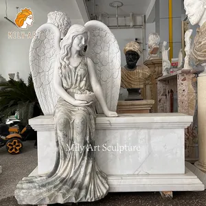 墓地天然石手工雕刻雕塑白色大理石坐天使墓碑