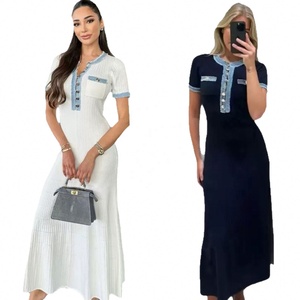 Robe moulante en maille fine à col rond avec franges en denim de style européen et américain, patchwork, boucle en métal, élastique, pour femmes - Product Image 6